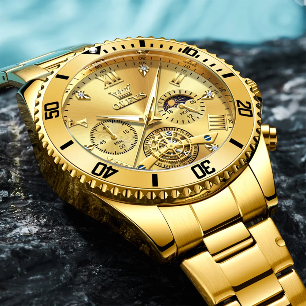 OLEVS Full Gold Men Quartz Watch Tourbillon Moon Phase Chronograph Wristwatch Stainless Steel Waterproof Luxury Male Watch Reloj