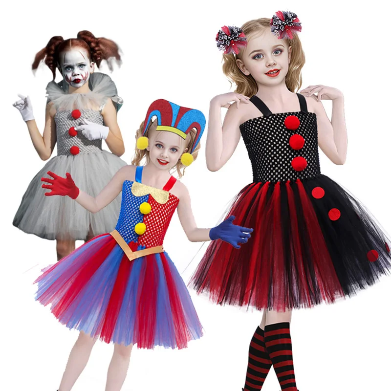 Girls Clown Joker Costume Kids Cruella Halloween Villain Fantasy Cosplay Dot Fancy Dress Birthday Children Tutu Dress