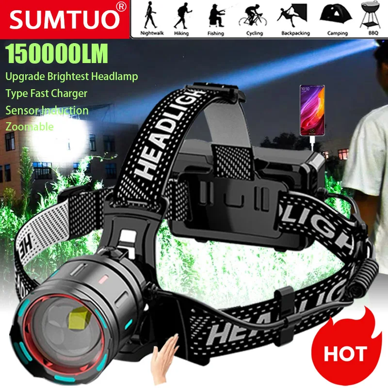 2024 Newest Powerful LED Headlamp 800W LED IR Sensor Rechargeable Headlight 3500M Super Bright Head Flashlight Fishing Lantern