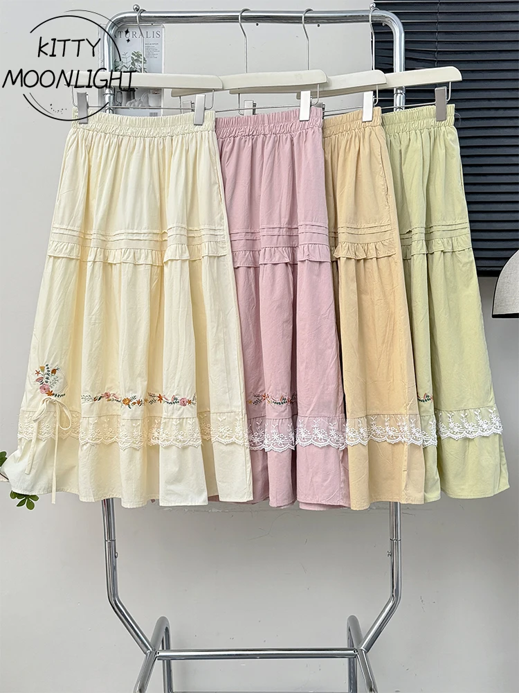 Vintage Embroidery Cotton Linen Skirts Women Autumn Japanese Mori Girl Lace Ruffled Kawaii Long Pleated Skirt Jupe Femme Faldas