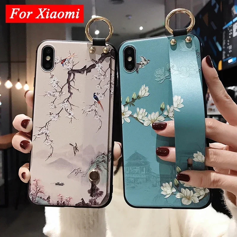 Redmi Note 13 Pro Case 3D Emboss Flower Wrist Strap Phone Holder Case for Xiaomi Mi 13T Luxury Floral Hand Band Soft Back Cover