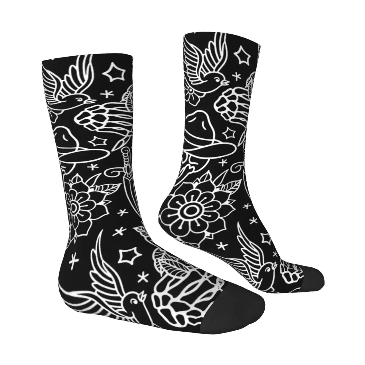 American Traditional Flash Print Tattoo Socks Black and White Leisure Stockings Winter Anti Skid Women Men Socks Running Socks