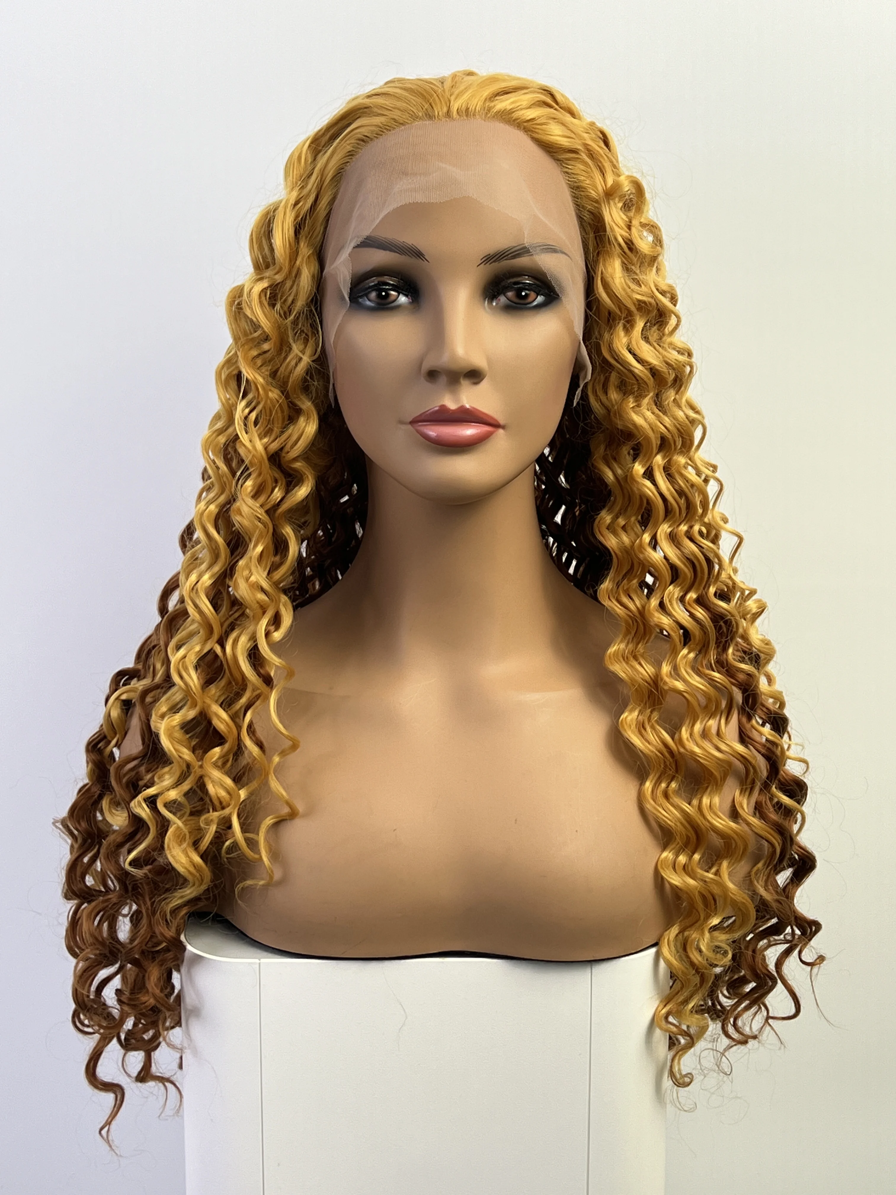 Yellow And Brown Synthetic Lace Front Wig Long Curly Hair Suitable For Women Role Playing Wave Wig Natural Hair Line 180 Density