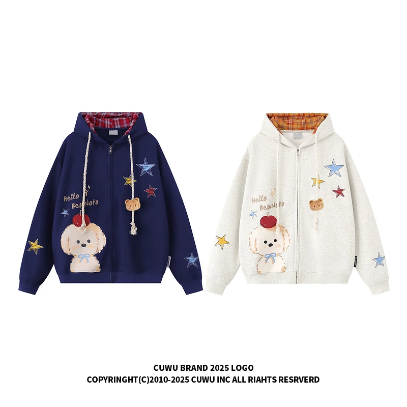 Bluza z kapturem w amerykańską kratę z nadrukiem misia, rozpinana, damska/męska, luźna, w stylu casual, odzież wierzchnia na sezon jesieni.