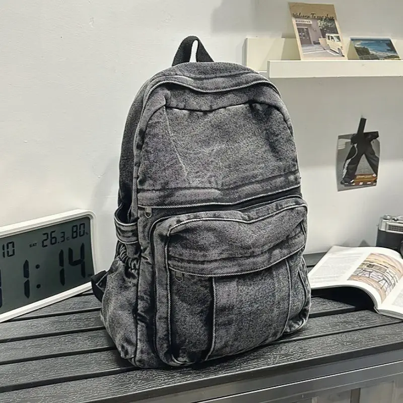 New denim backpack Shoulder Bag for Women Men Multi-pocket School bag canvas Zipper Retro Rucksack Solid Travel Gym bags mochila