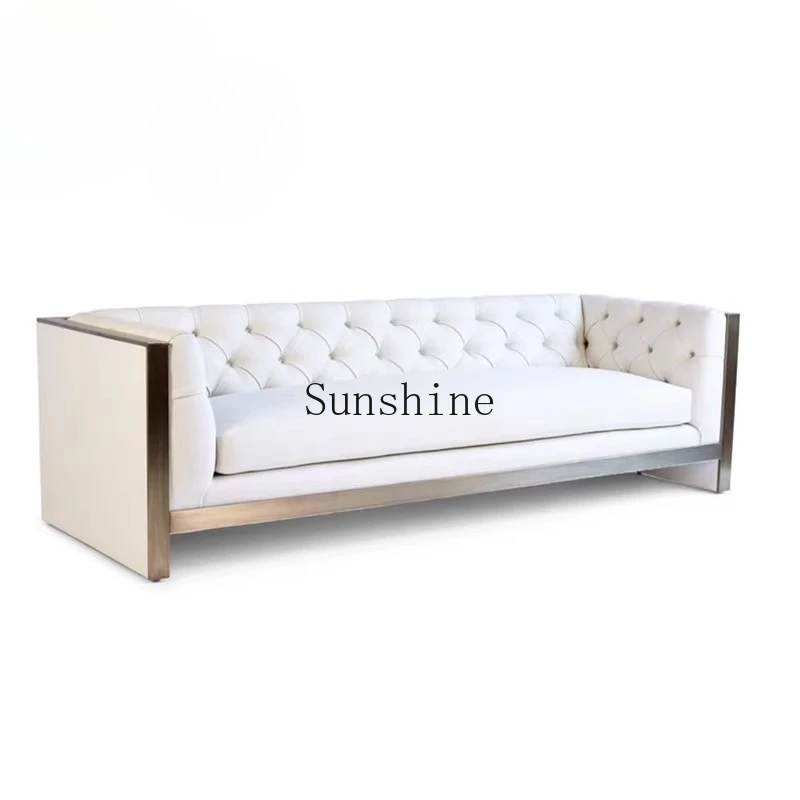 

Nordic light luxury white velvet stainless steel sofa model room studio photography sofa