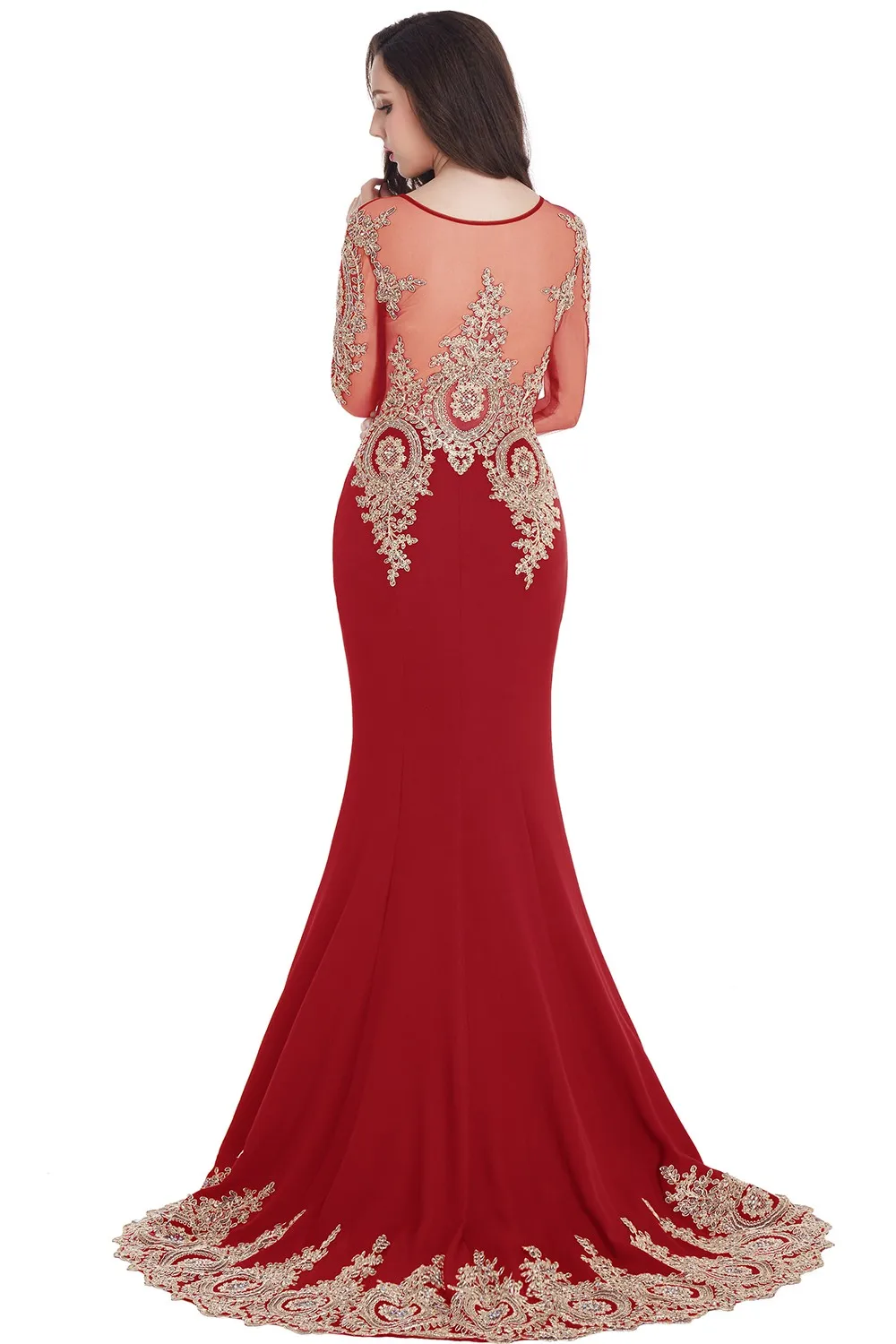 Sexy Mermaid Evening Dresses Gold Lace Appqulies O-Neck Tulle Long Sleeve Gowns Slim Floor Length Party Prom Dress With Train