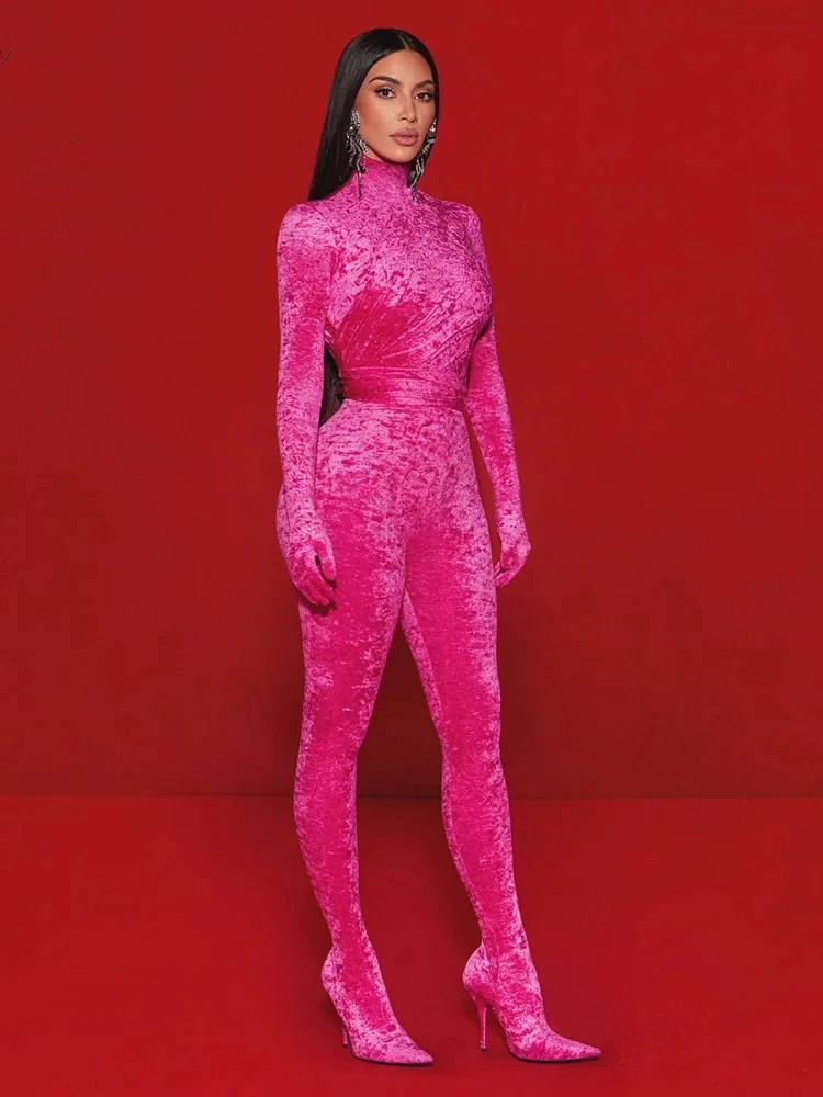 

Gloves Design Full Length Velvet Jumpsuit Stand Collar Long Sleeves Vestidos