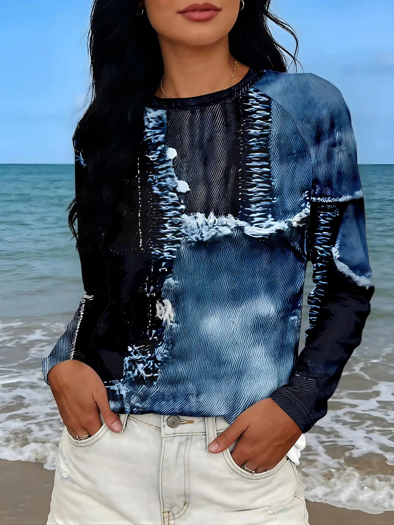 Winter Clothes - Kadın Tişörtü Denim Dokulu Patchwork Baskılı