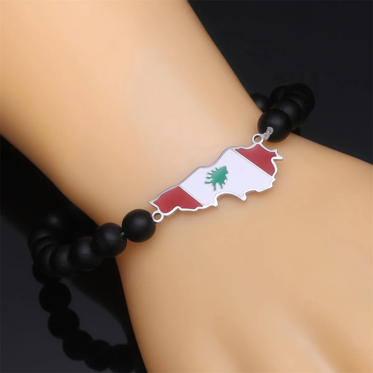 Liban Map With Flag Black Beads Bracelet  Jewelry Lebanon Map