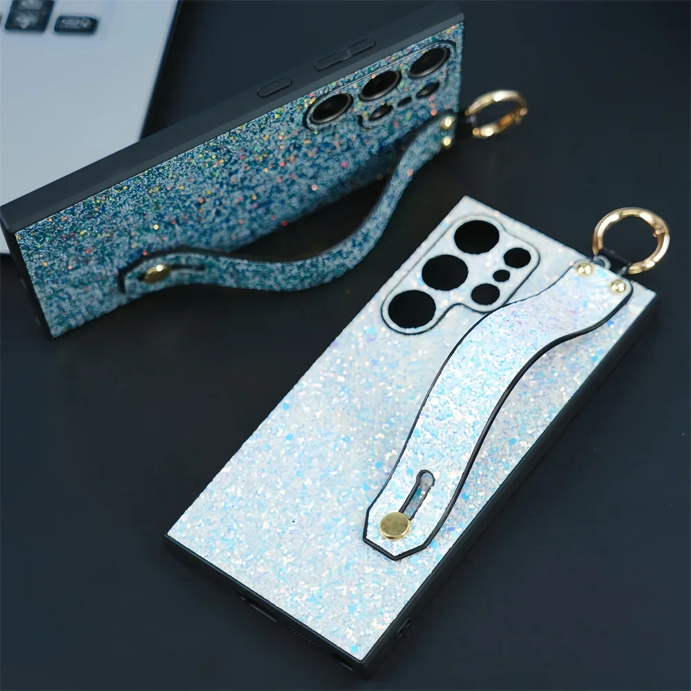 Ring Wristband Holder Shiny Diamonds Case for Samsung S24 Ultra S21 S22 S23 Ultra S24Plus Wrist Strap Holder Silicone Soft Cover