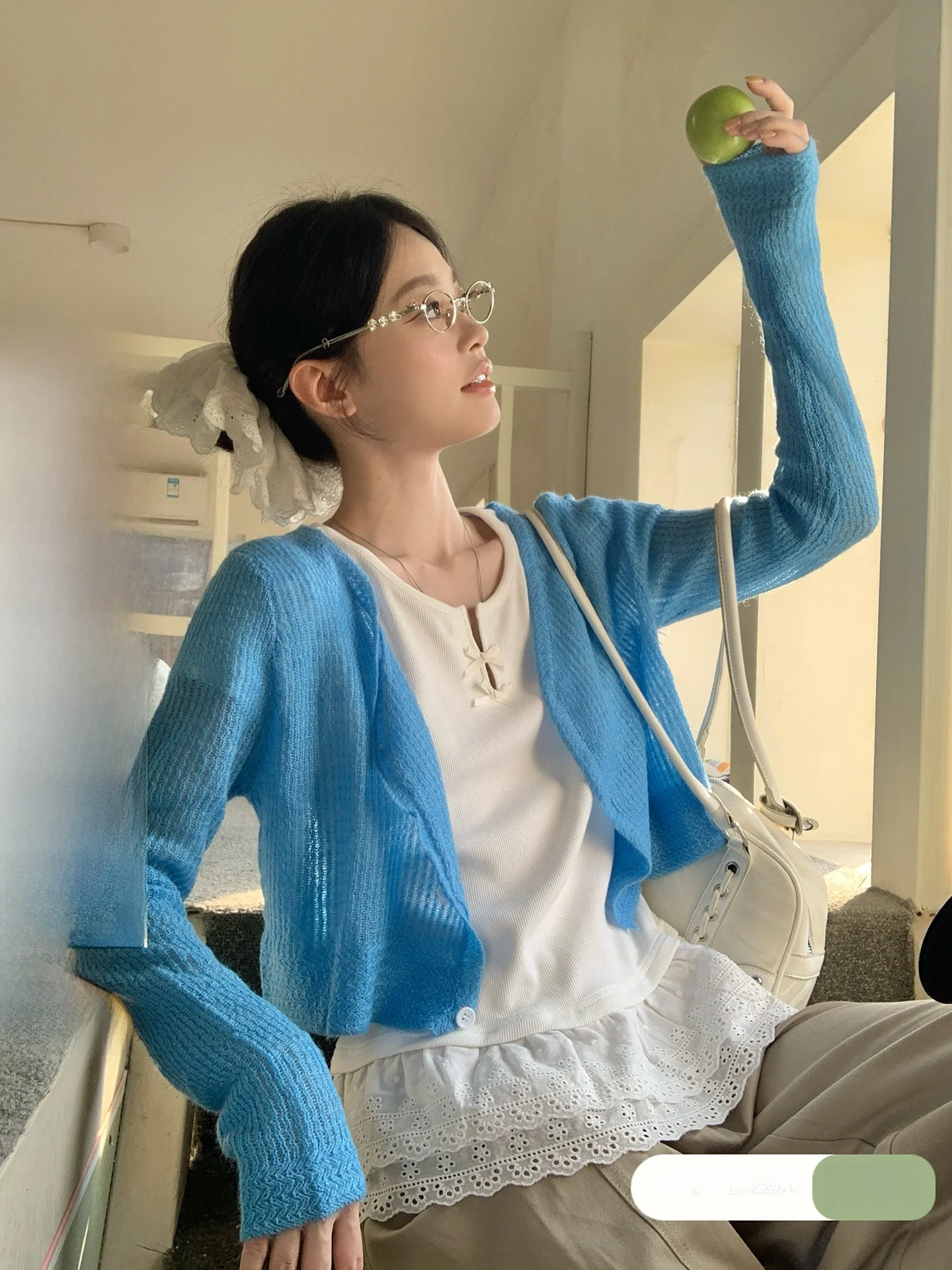 

Blue Thin Breathable Knitted Sweater Cardigan Women's Sle 2026 New Early Spring Ele Top Soft Korean Loose Fit Long Sve
