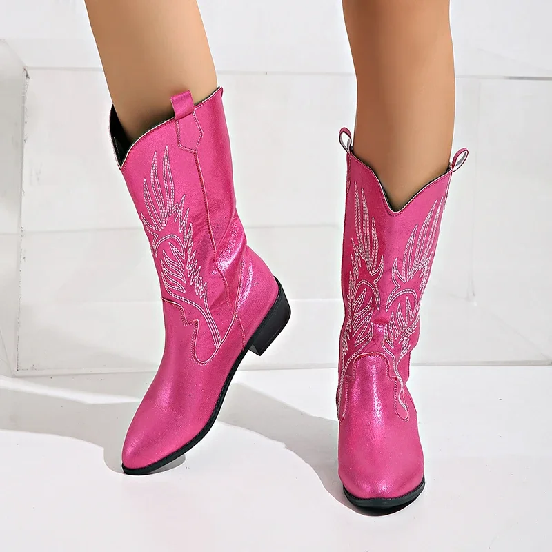 Embroidery Pink Cowgirl Boots Women 2023 Autumn Low Heels Knee High Western Boos Woman Plus Size Slip on Heeled Cowboy Botas