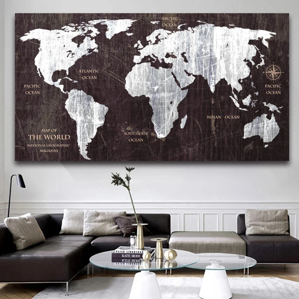 Vintage Metal Style World Map Wall art Posters Modern Exquisite Home Room Decor Canvas Painting Mural Picture Print Artwork Gift