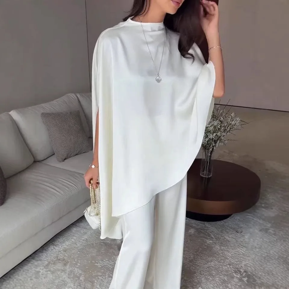 

Loose Casual Satin Asymmetric Top Pant Sets Women Solid O-neck Shawl Tops Wide Leg Trousers Lady Outfits Костюм Женский