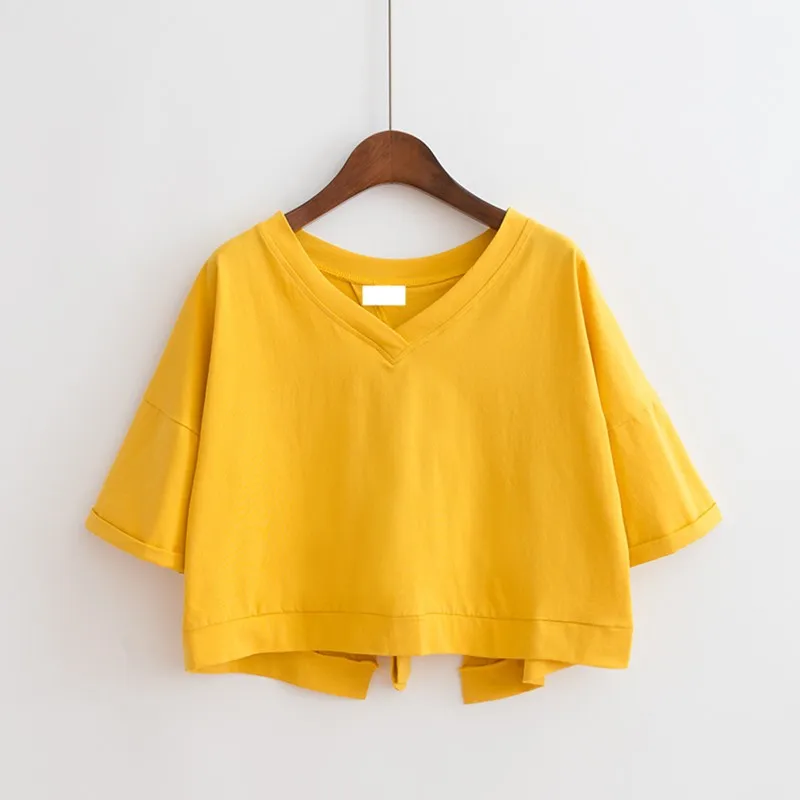 

Summer 2024 Women's Loose Fit ort Sve T-irt V-Ne Bal Split Banded Pure Color Top Student Casual Faion