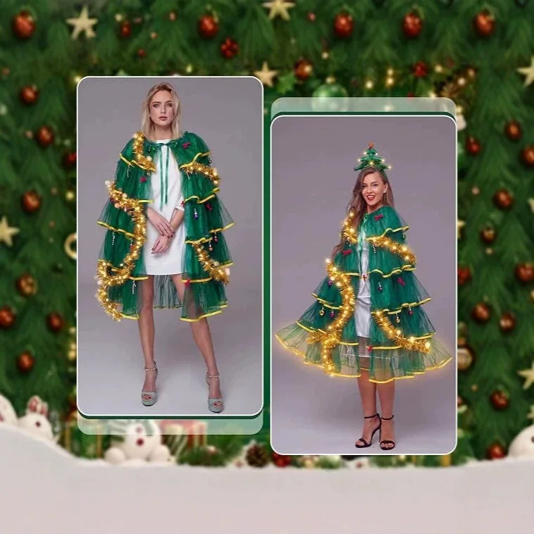 Green Christmas Tree Elf Costume for Adult Xmas Halloween Cosplay Role Play Festive Party Dress Up Suit