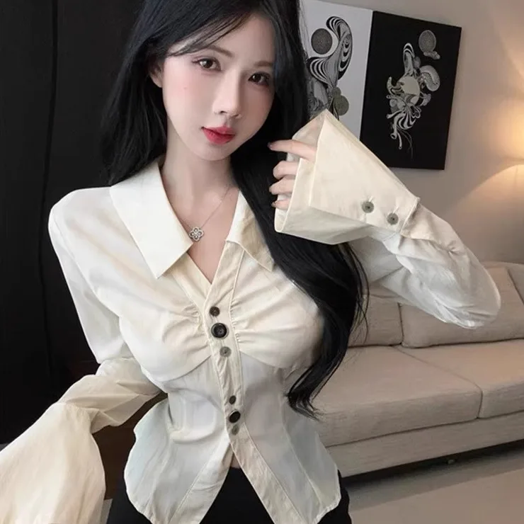 เสื้อเชิ้ตแขนยาวผู้หญิง ผ้าซาตินลายจุด ติดกระดุม สไตล์หวานละมุนแบบฝรั่งเศสย้อนยุค สำหรับวัยรุ่น ฤดูใบไม้ร่วง เสื้อผ้าสำหรับใส่ทำงาน