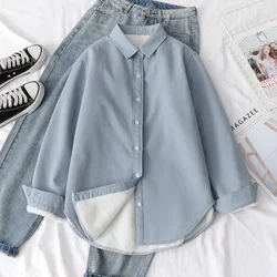 Autumn Winter Fleece Shirts Women Solid Color Thick Warm Button Down Blouse Woman Korean Loose Long Sleeve Tops