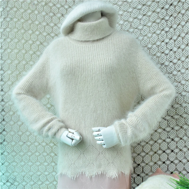 Casual Fashion Ladies Women Hairy Soft Angora Rabbit Hair Knitted Turtleneck Tassel Long Sleeves Slim Sweater Jumper Pull Tops