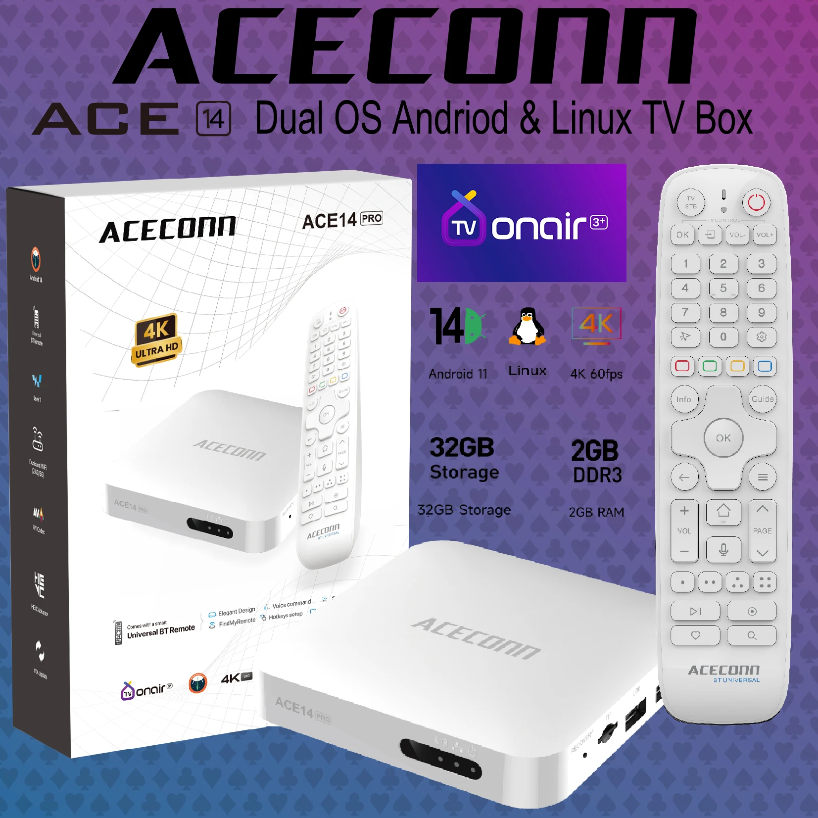 ACECONN ACE14 Pro 4K 32GB Dual WiFi TVONAIR3+ BT Remote TV Box Streaming Android Linux IPTV Box