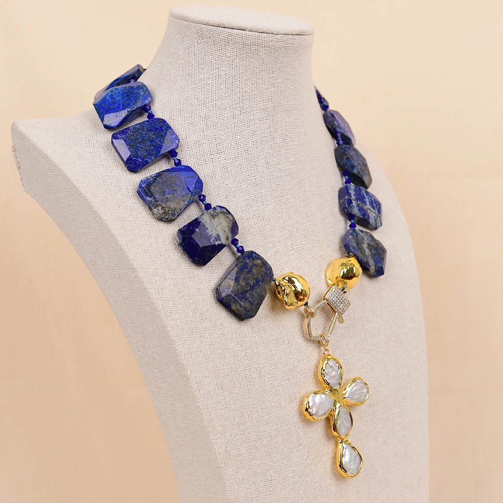 G-G Natural Blue Lapis Lazuli Top Drilled Big Chunk Necklace White Keshi Pearl Crucifix Pendant