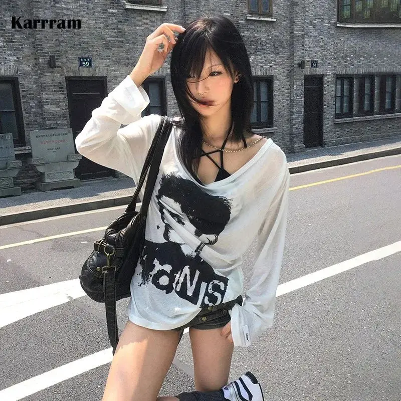 

Karrram Japanese Y2k fiti Print Oversized T-irt Cleanfit Sle Ladies Faion Linen Material A-Sve 2000s Tray Top