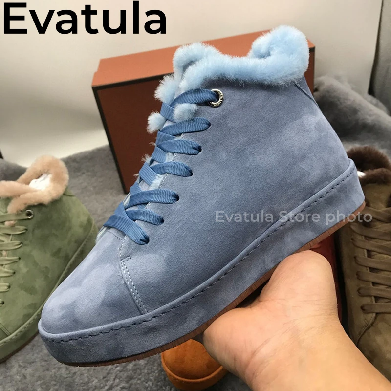 Winter High Top Suede Lace Up Fur Flat Shoes For Women Round Toe Thick Sole Warm Wool Ankle Boots Casual Plush Sneakers Feminine