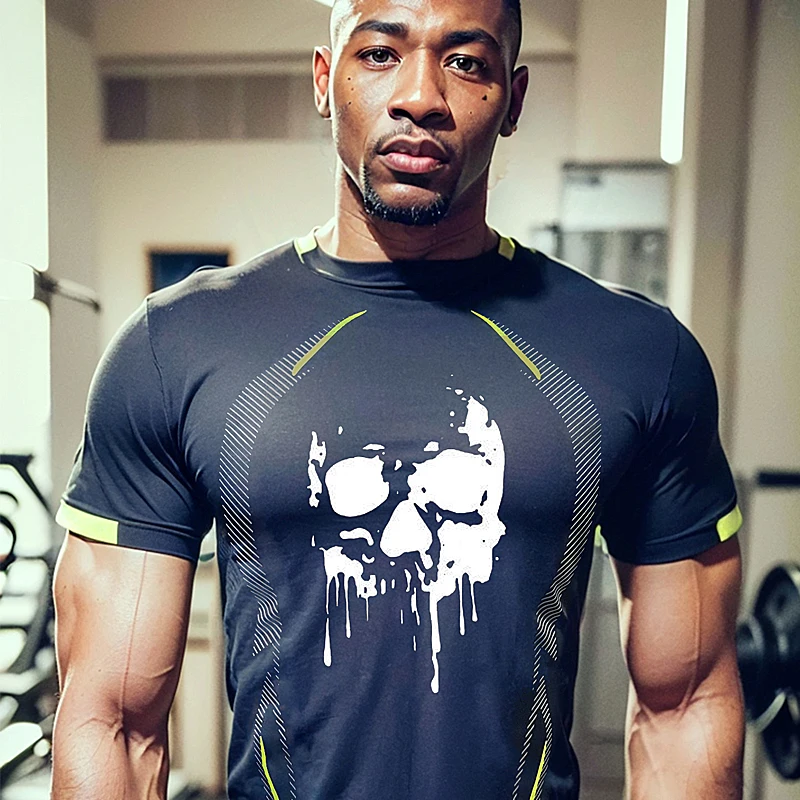 New men's summer gym breathable T-shirt, fast drying jogging training fitness top, printed in European and American plus size