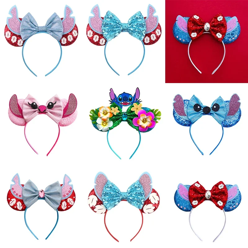 

Flower Hair Band Stitch Bow Headband Girl Sequins Hairband Women Lilo Headwear Kids Disney Angel Hair Accessories Festival Party