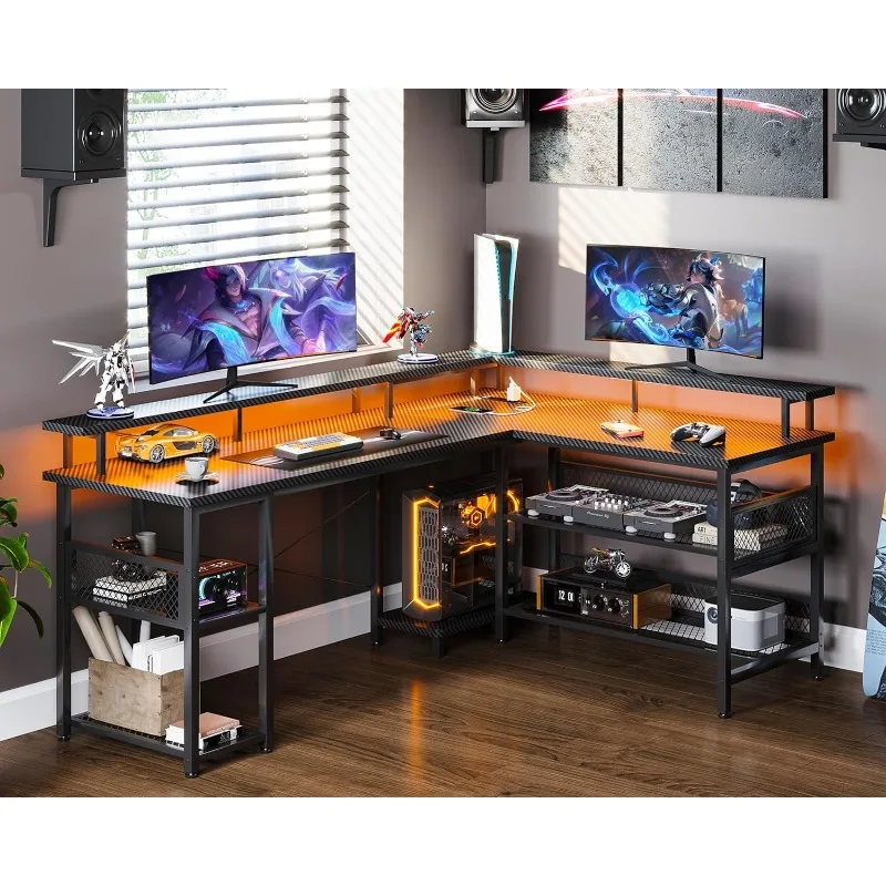 Bureau de jeu en forme de L avec prise de courant et lumières LED, table de jeu PC avec ports USB, bureau en forme de L réversible, 66 po