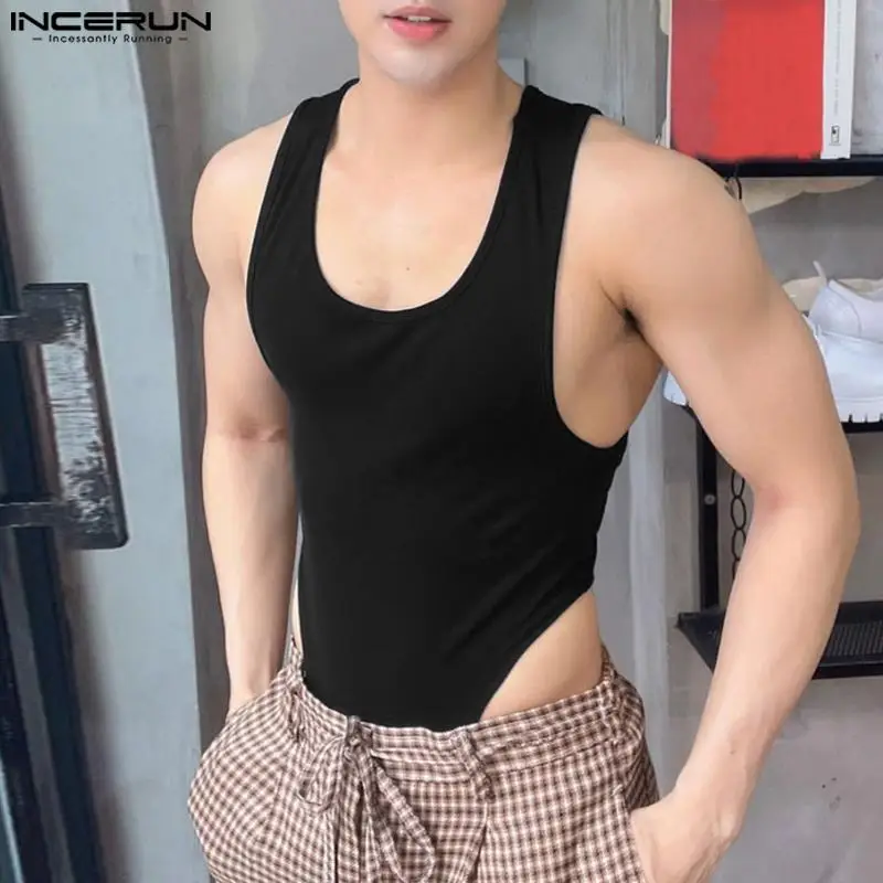 2023 Men Bodysuits Pajamas Solid Color O-neck Sleeveless Fitness Men Rompers Streetwewar Sexy Tank Tops Bodysuit S-5XL INCERUN 7