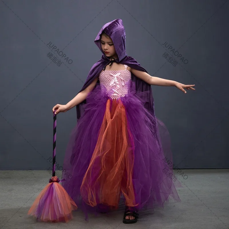 Disguise Girls Hocus Pocus Salem Witch Sisters Costume Kids Halloween Fancy Gown Tutu Dress With Cape For Cosplay Party Outfit