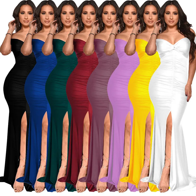 Nieuwe Zeemeermin Maxi Jurk Voor Vrouwen Feest Prom Elegante Dames Sexy Off Shoulder Diepe V-Hals Lange Slanke Split Jurken Zwart Wit Xxl