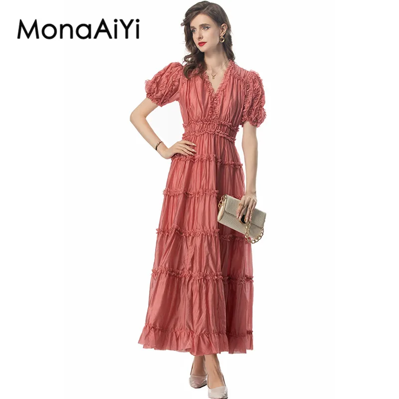 

MonaAiYi Summer Women's Dress V-Neck Puff Sleeve High Waiste Edible Tree Fungus Edge Design Ball Gown Dresses