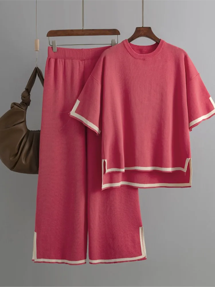 New Fashion Set Elegant Slit Short-sleeved Sweater + High-waisted Wide-leg Trousers Two-piece Set New Office Solid Casual Suit