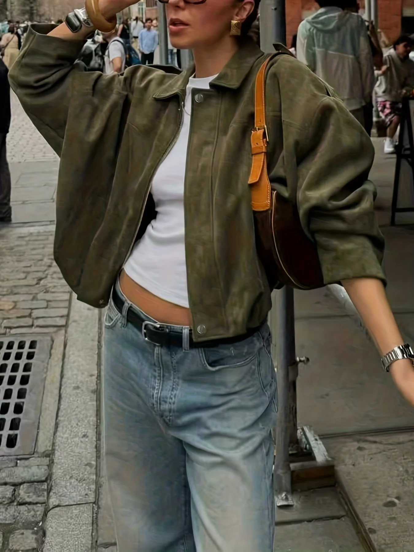 

Fashion Faux Suede Jacket Women Casual Oversized Lapel Zipper Cropped Streetwear Coat