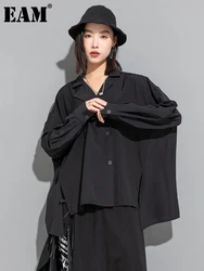 [EAM] Women Black Irregular Big Size Casual Blouse New Lapel Long Sleeve Loose Fit Shirt Fashion Tide Spring Autumn 2024 1DF6512