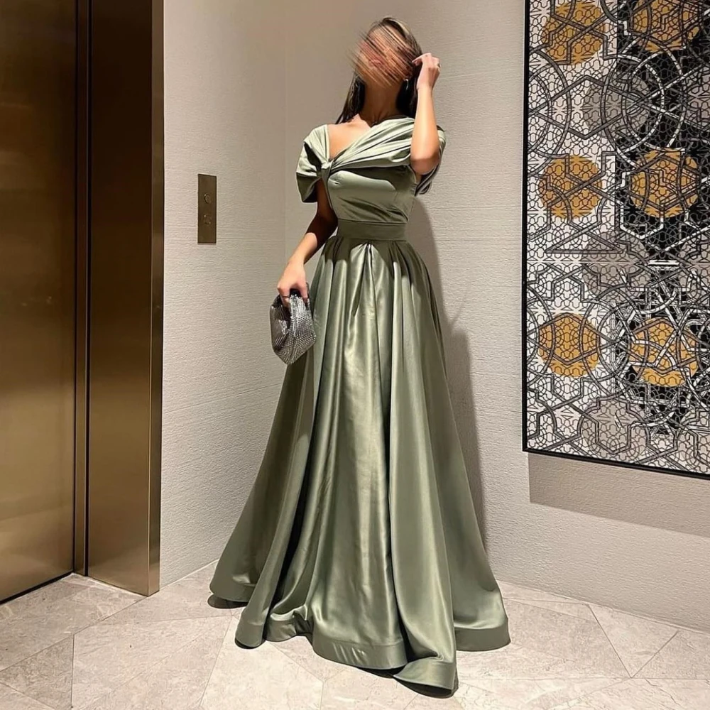 

Carolina One-Shoulder Pleated Evening Dresses Green Short Sleeves Floor Length Open Back A-Line Robe De Mariée Party Gown Women