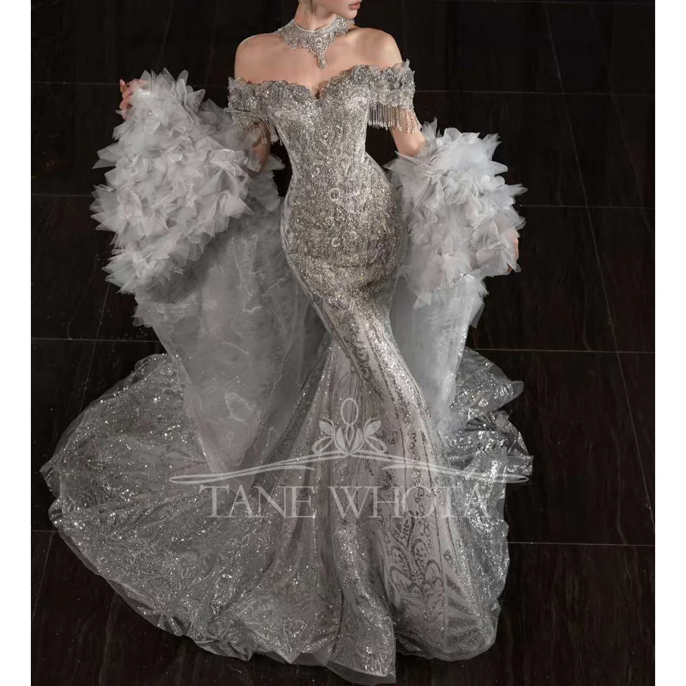 Suknia ślubna typu sheath z odkrytymi ramionami, haftem, koralikami, cekinami i kryształami, szyta na miarę, Vestido De Noiva Casamento