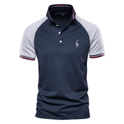 AIOPESON Brand Quality Men's Polo Solid Color Patchwork Polos Shirts for Men Casual Giraffe Embroidery Polo Shirts Men Clothing