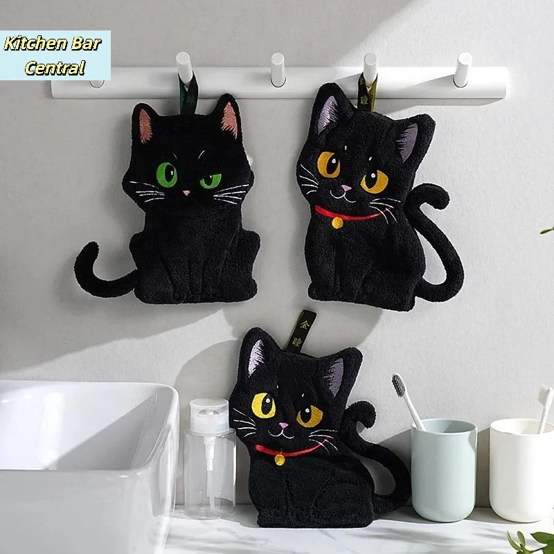 【Cartoon Black Cat Hand Towel Animals Shape Absorbent Hand Cloth Kitchen Cleaning Wipe Cloth Kid Bathroom Hanging Towel】
