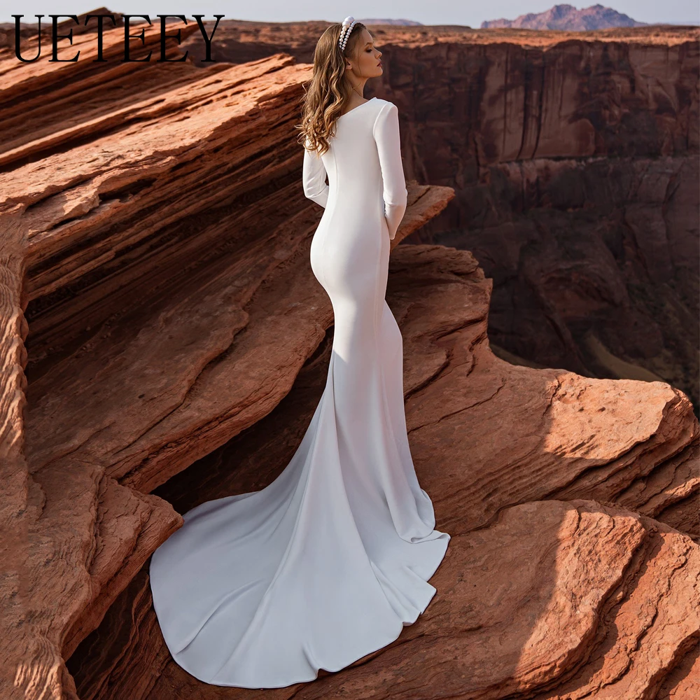 UETEEY Perlen Meerjungfrau Hochzeit Kleid Sex Jersey Tiefe V Neck Long Sleeves 2022 Brautkleider Zipper Maß Vestido De novia