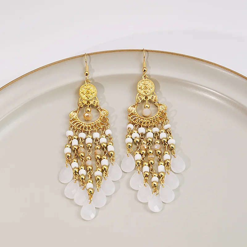 

Bohemian long tassel rice bead earrings for women's vacation personality accessories