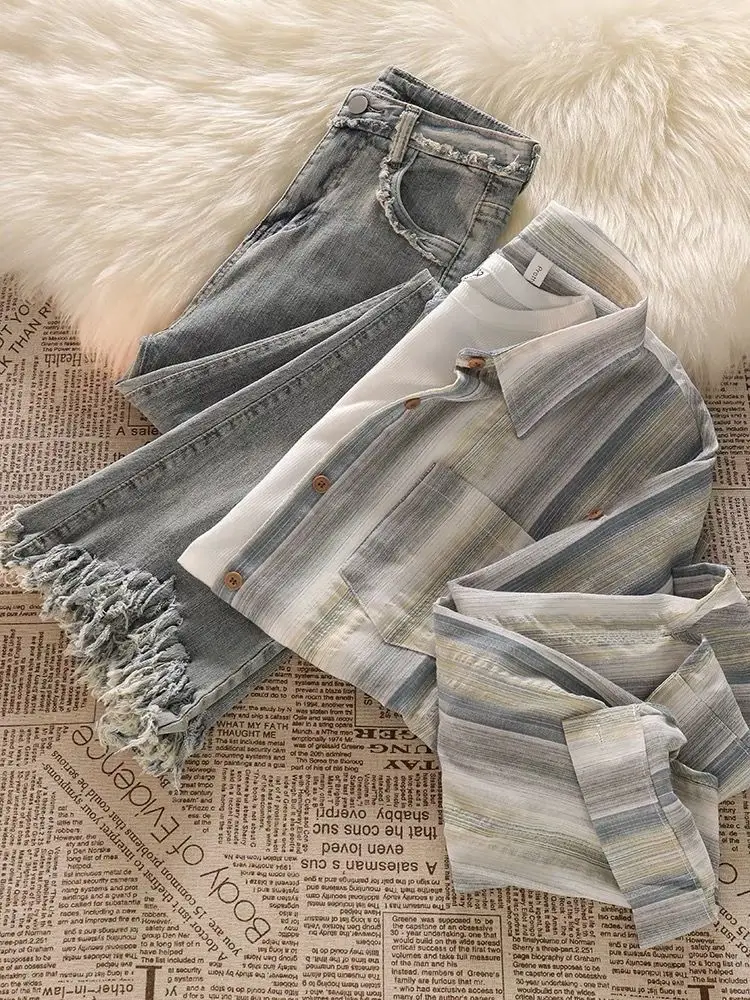 Korean version women's suit lazy loose striped long sleeved shirt jacket women's design sense fringed jeans three piece set