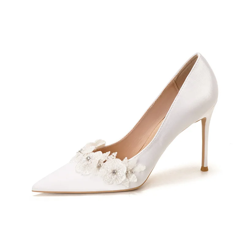 2026 Elegant French Bridal Shoes White Satin Flower, Pointed Toe Thin Heel High-Heeled Single Shoes for Wedding #TY-W8