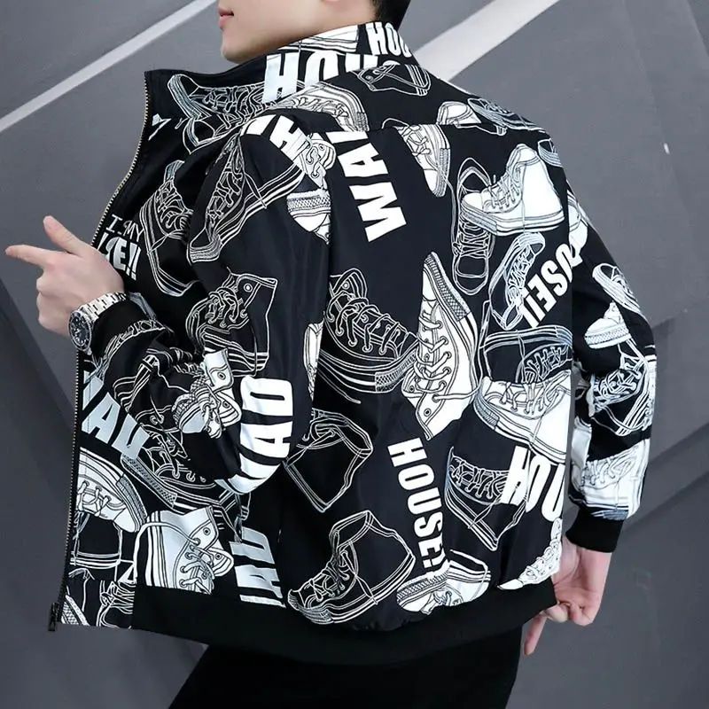 Fashion Stand Collar Zipper Casual Printed Letter Jackets Men\'s Clothing 2024 Spring New Loose All-match Tops Korean Coats