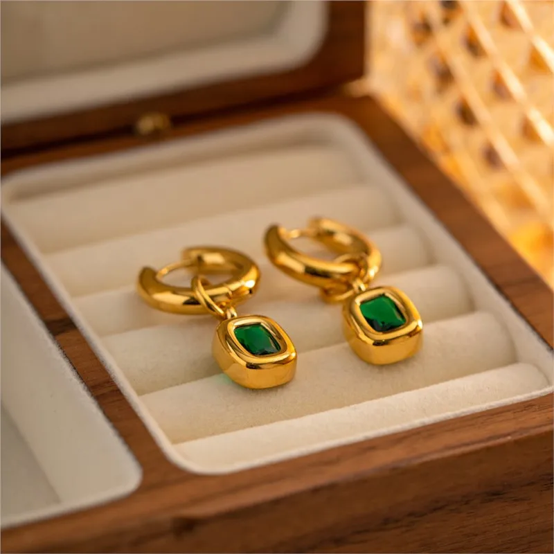 ENSHIR 316L Stainless Steel Green Zircon Square Earrings for Women Vintage Temperamental Jewelry Gifts Wholesale