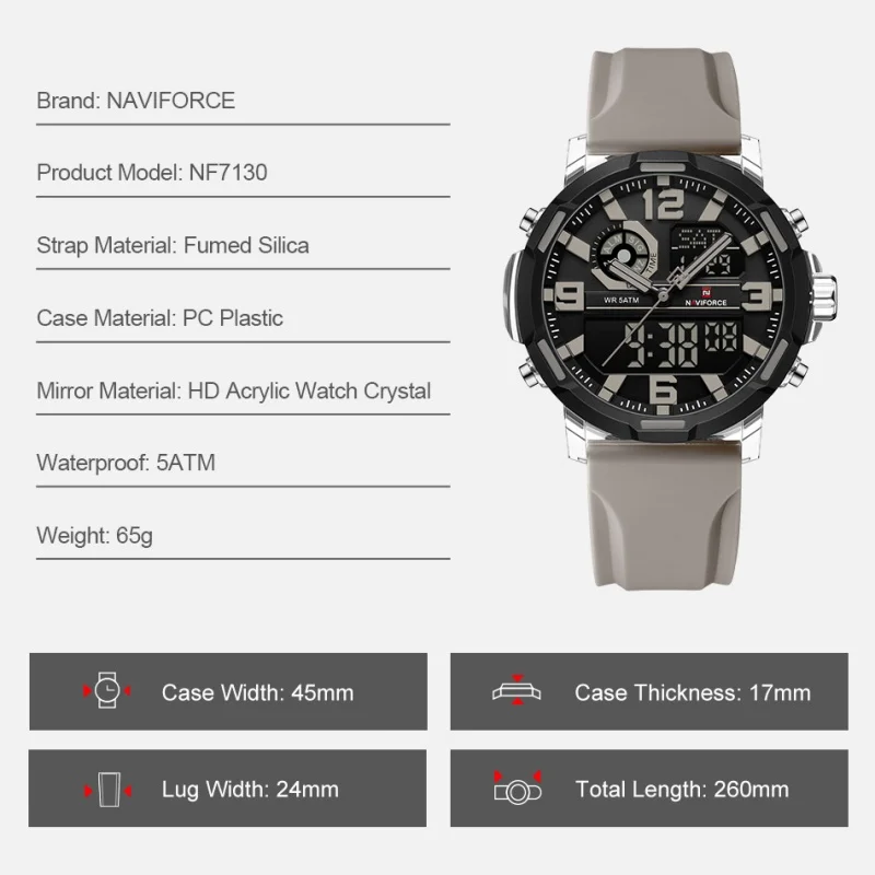 

NAVIFORCE Man's Military Quartz Watch 50M Waterproof Sports Wristwatches for Men Slate Gray Dial With White Arabic Numeral Scale