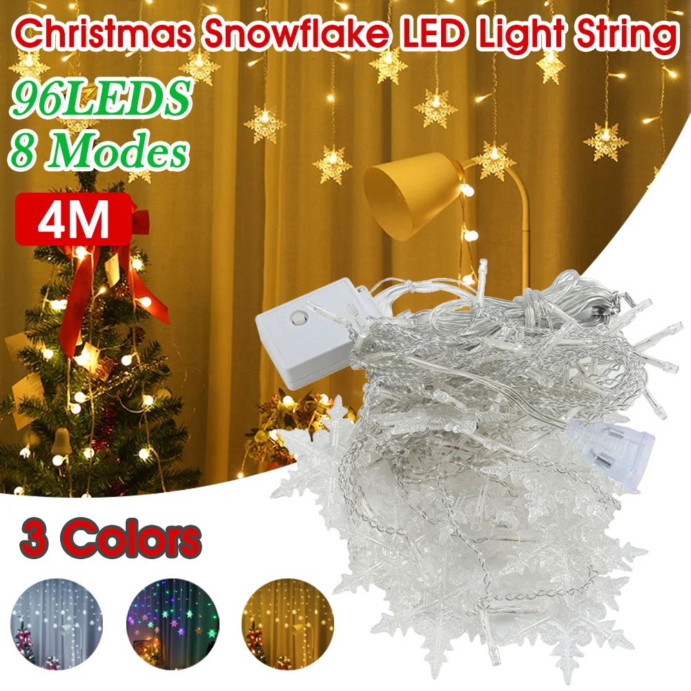 

Snowflakes LED Curtain Lights Plug-in 13ft. 96Pcs LEDs Fairy Lights Christmas Decorations Waterproof For Indoor And Outdoor